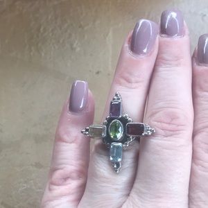 Vintage Estate Multi color gemstone silver ring